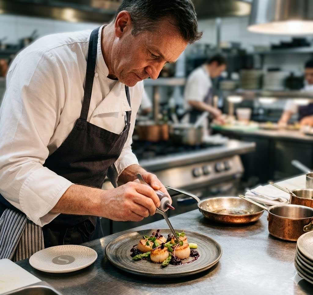 Chef plating food in a professional kitchen